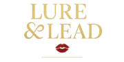 Transparent gold logo for Lure & Lead brand with kiss mark symbolizing feminine power and emotional influence.