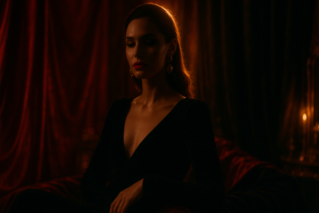 A mysterious woman in crimson silk with golden light and velvet shadows, symbolizing dark feminine energy and hypnotic feminine power.