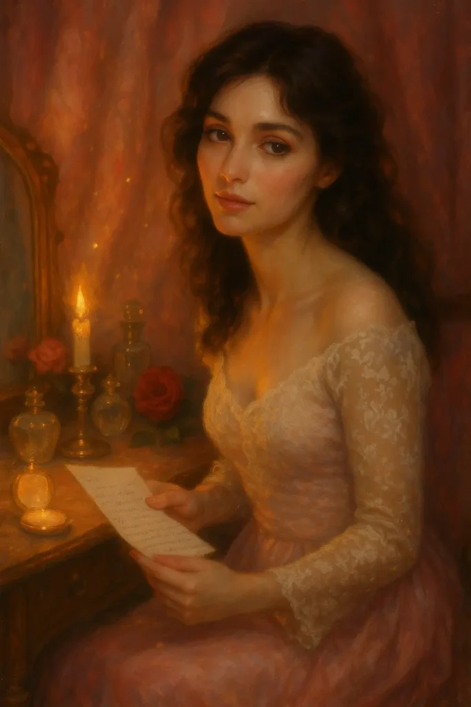 Seductive woman in red silk standing in front of a mirror, symbolizing self-discovery and hidden feminine power.