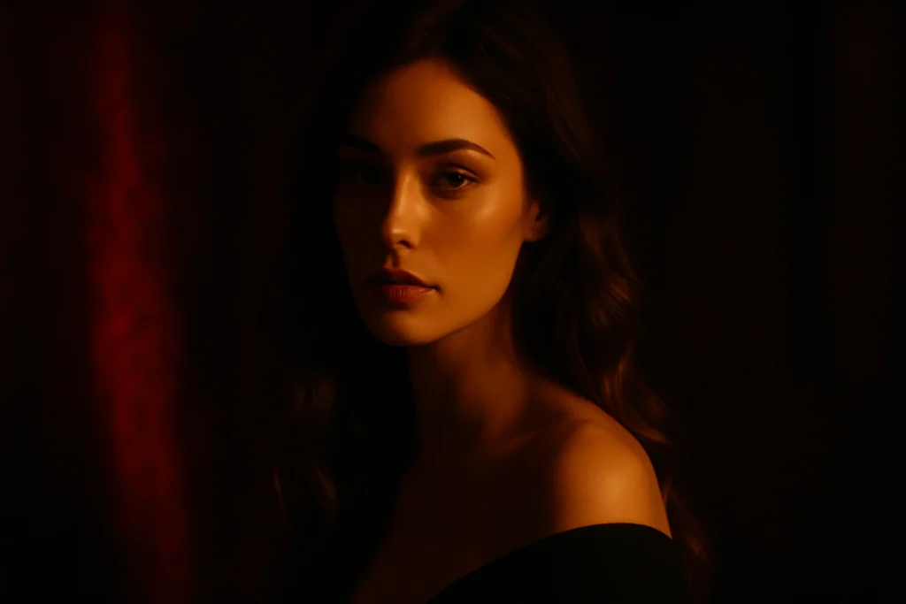 Cinematic editorial photo illustrating what makes a man obsessed with a woman through dark feminine energy, mystery, and irresistible feminine presence.