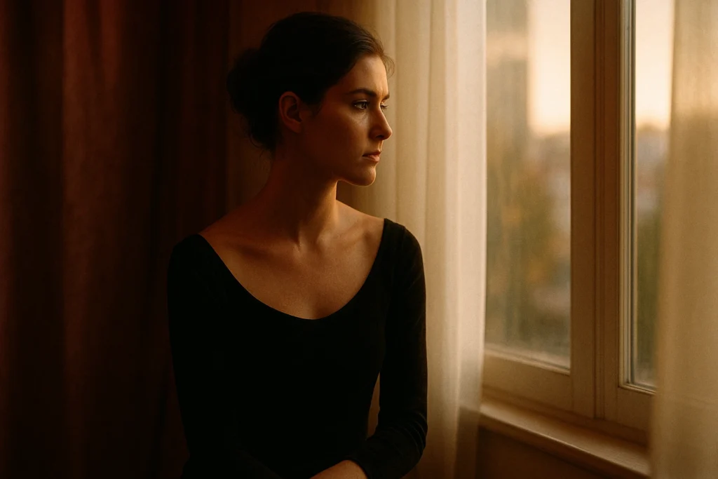 Cinematic photo representing why men pull away when they like you, showing emotional distance and feminine calmness.